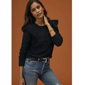 PILCRO Black Ruffle Crew Neck Sweater